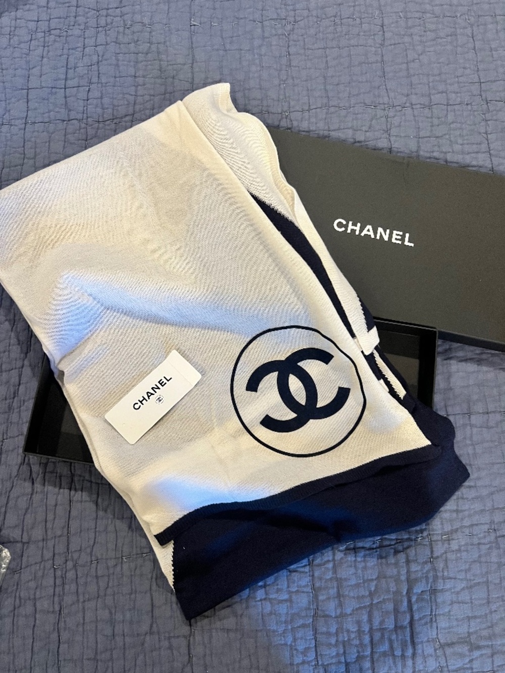 Fashionphile Chanel Cashmere CC Stole Navy Ivory